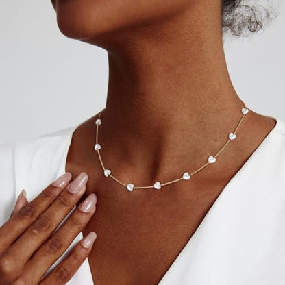 Zeffy Dainty Gold Heart Necklace for Women Trendy 14K Gold/Silver Plate Cute Heart Pendant Choker Necklaces Gold Love Heart Chain Necklace for Women Dainty Gold Jewelry Gifts for Women - style: Pearl Puffy Heart Choker-Gold