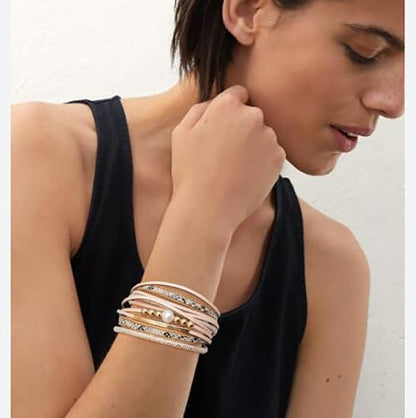 Multi-layer Leather Bracelets Multi-strand Wrap Bracelets Handmade Braided Rope Cuff Bangle with Magnetic Buckle Jewelry - color: Snake