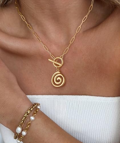 Chunky Gold Necklace for Women Trendy Non Tarnish 14K Gold Plated Paperclip Chain Charm Necklaces Chunky Heart Cross Clover Pearl Pendant Necklace with Toggle Clasp Statement Jewelry Gift for Women - color: E-Spiral