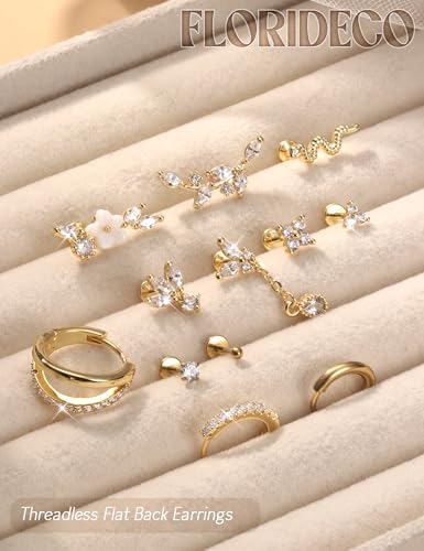 20G 18G Threadless Flat Back Earrings 316L Surgical Steel, 12PCS | Hypoallergenic Push in Stud Earrings, 14K Gold Plated Cartilage Earring Stacks, Helix Conch Tragus Nose Piercing Jewelry - color: 14K Gold Tone, size: 18G-6MM Bar