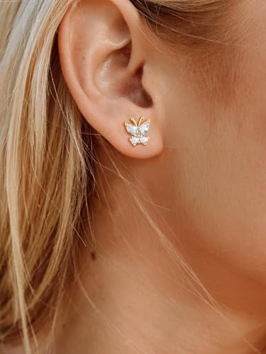 Suplight Butterfly Stud Earrings 925 Sterling Silver 14K Gold Brithstone Earrings for Women Brithstone Jewelry Gifts - color: 04.April ( Clear Quartz), size: Gold