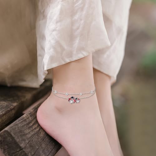 POPLYKE Frog/Pearl/Dragonfly/Ladybug/Highland Cow/Pearl/Moonstone Anklets Sterling Silver Double Layered Chain Beach Anklets for Women Foot Jewelry - style: Ladybug Anklets