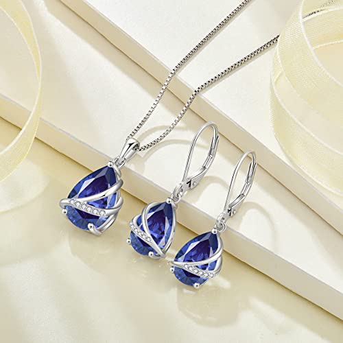 Birthstone Pendant Necklace 925 Sterling Silver Teardrop Jewelry for Women - color: Violet Blue