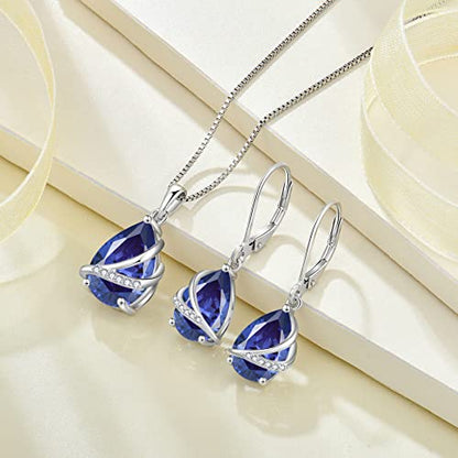 Birthstone Pendant Necklace 925 Sterling Silver Teardrop Jewelry for Women - color: Violet Blue