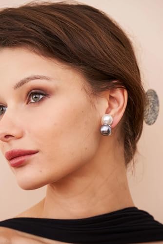 14mm Double Pearl Earring with 2 Crystal Accents, Gold or Silver Setting. Pierced or Clip - color: White & Gray