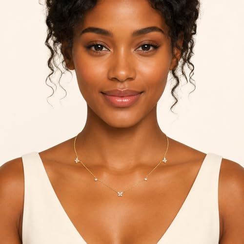 Dainty Silver Gold Necklaces for Women Cute Station Choker Simulated Diamond Necklace Simple Layering CZ Necklace Trendy Jewelry Gifts - color: Gold, style: Butterfly