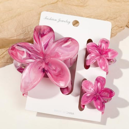 Flower Hair Clips for Women Girls Claw Clips Set Purple Pink Plumeria with Marble Design Barrettes Summer Hair Clip Fashion Hair Styling Accessories for Thick Thin Hair(3Pcs:1 Large 2 Small) - color: Purple-Pink