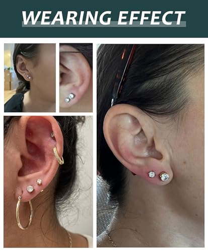 Stainless Steel Stud and Hoop Earrings Sets for Ear Stacks | Choose gold or silver pearl studs, CZ studs, flat backs, butterfly backs, hoops and multi-pair ear stack sets. - color: 4 Pairs Silver-Flat Back