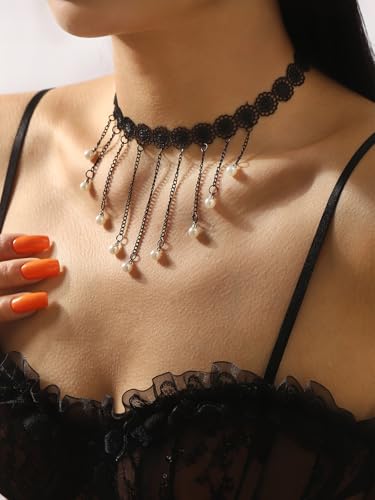 Lace Choker Necklace for Women Tassel Pendant Choker Necklaces Elegant Boho Collar Necklaces Statement Artistic Chain Necklace with Pearl Halloween Party Cosplay Costume Jewelry - color: Black Lace Pearl-1