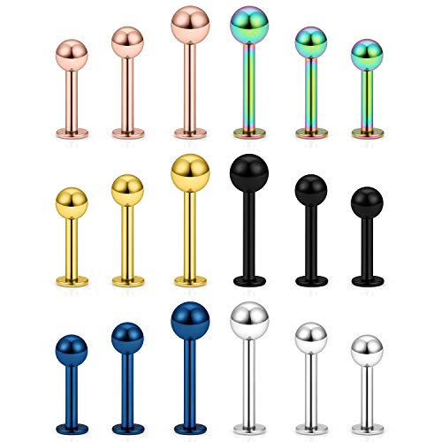20G 18G 16G 14G 12G Lip Labret Medusa Monroe Rings Studs 316L Surgical Steel Flat Back Tragus Helix Cartilage Earring Stud Piercing Jewelry Bar Length 8mm 10mm 12mm Mix Color 18PCS - color: Mix Color, size: 12G(2.0mm)-8/10/12mm Bars-4mm 5mm Balls