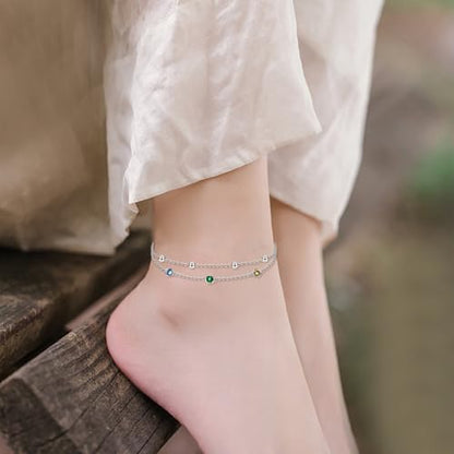 POPLYKE 925 Sterling Silver Double Layered Chain Evil Eye Daisy Sunflower Butterfly Anklets for Women Holiday Beach Crystal Ankle Bracelet Dainty Evil Eye Jewelry - style: Crystal Chakra Anklet
