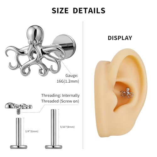 FINE4U 1PC 16G ASTM F136 Titanium Octopuses Piercings Jewelry with 6mm 8mm Post for Conch Helix Flat Labret 16G 6mm 8mm - color: Octopuses - Tit