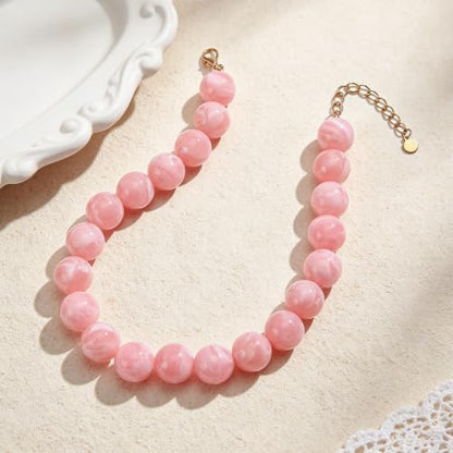 Chunky Beaded Necklace for Women Trendy Boho Collar Statement Necklace Large Round Resin Beads Choker Necklaces Summer Beach Jewelry Gifts - color: Pink