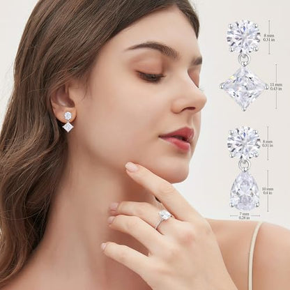 Cubic Zirconia Stud Earrings for Women,18K White Gold Plated,Women's 925 Sterling Silver Simulated CZ Earrings with Pear/Round/Princess/Oval Cut. - style: Princess-Round