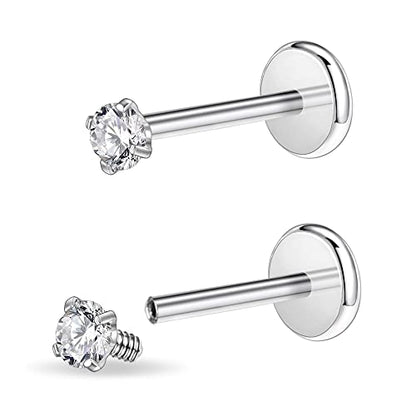 PunkTracker 16g/18g Surgical Steel Internal Thread CZ Stud Piercing Jewelry | for Tragus/Nose/Helix/Conch/Medusa/Lip/Labret - Helix Tragus Cartilage Earring for Women Men 2PCS - style: silver, 16g, 6mm bar, 2mm gem
