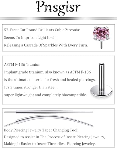 F136 Titanium 20/18/16G Earrings Nose Lip Rings Medusa Tragus Cartilage Helix Labret Flat Back Threadless Implant Grade Stud Piercing Jewelry for Women - color: Pink CZ, size: 16g*6/8/10mm*2/3/4mm