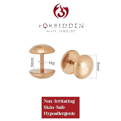 Forbidden Body Jewelry 16g 8mm Titanium IP Plated Surgical Steel Dome Cheater Plug Earrings, Fake 0 Gauge Earrings - style: Rose Gold Tone