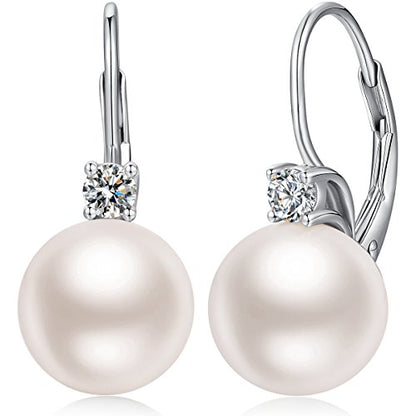 925 Sterling Silver Pearl Leverback Earrings for Women Cubic Zirconia Pearl Jewelry 10MM - color: A: Leverback-White