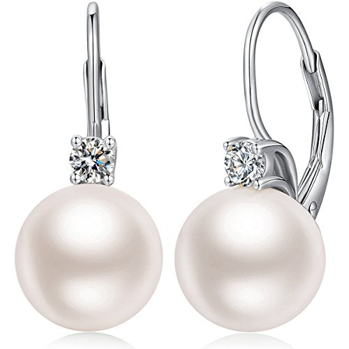 925 Sterling Silver Pearl Leverback Earrings for Women Cubic Zirconia Pearl Jewelry 10MM - color: A: Leverback-White