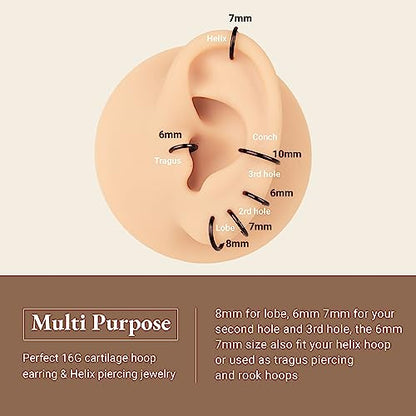 LEE&RO 16G 6MM 7MM 8MM 9MM 10MM Hinged Clicker Septum Rings 16G Nose Hoop Tragus Helix Cartilage Hoop Earrings - color: black