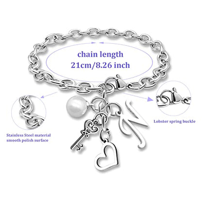 Initial A-Z Bracelets Gift for Women Girls Stainless Steel Chain Bracelet 26 Alphabet Jewelry Gifts for Birthday Anniversary Letter Bracelet Monogram Gifts for Sister Friend Girlfriends Mom 8.26 Inch - color: N