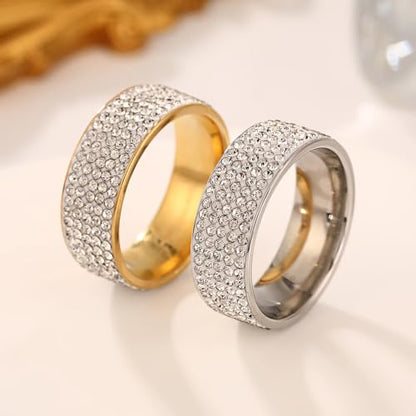 Multi Row Rhinestone Stainless Steel Band Ring Jewelry for Women | Multi rows shiny rhinestones, durable stainless steel, stylish band, ideal birthday holiday gift jewelry for women - color: golden