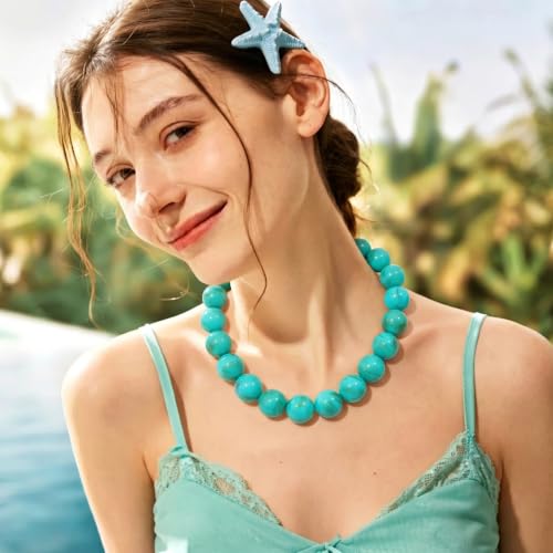 Chunky Necklaces for Women Trendy 20MM Large Resin Beaded Necklace Bold Statement Chunky Choker Necklace Boho Beads Summer Beach Jewelry - color: Turquoise