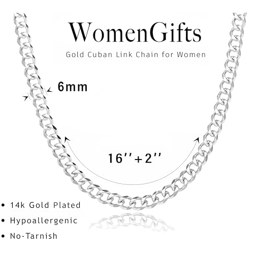 WomenGifts Cuban Link Chain Necklace for Women, Waterproof 14k Gold Silver Plated Chain Choker, Non Tarnish Stainless Steel Jewelry, 3.5/5/6/8/11mm,14/16/18 Inch Thin&Chunky&Thick - color: Silver, style: 6MM-16"