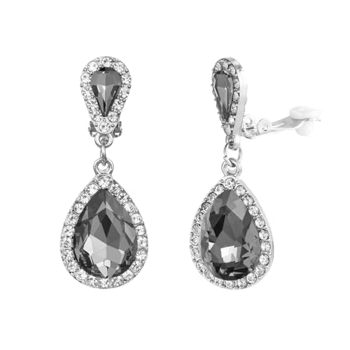Classic Austrian Crystal Tear Drop Clip on Dangle Earrings for Women - color: Black,Silver
