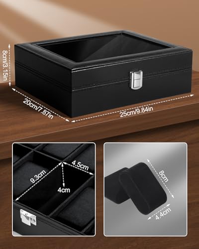 Uten Watch Box 10 Slots for Men, Leather, Large Glass Lid Black | Watch Jewelry Display Case, Fit Watch Size up to 48mm, Removable Pillows, Metal Clasp, Velvety Inner Lining, Gifts - color: Black, size: 10 Slots
