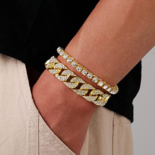 HH BLING EMPIRE 14K Gold and Silver Bracelets Diamond Tennis and Cuban Link Bracelet for Men Women Hip Hop Jewelry - color: Set B-Gold, size: 7.5"
