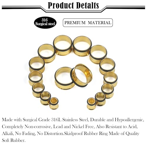 12G-25mm Single Flare Gauges Tunnels Plugs Stretching Set Kit 316L Surgical Steel Gauges Tunnle Plug for Ears 12G 10G 8G 6G 4G 2G 0G 00G 12mm 14mm 16mm 18mm 20mm 22mm 25mm - color: Gold Tone, size: 00G(10.0mm)-25mm