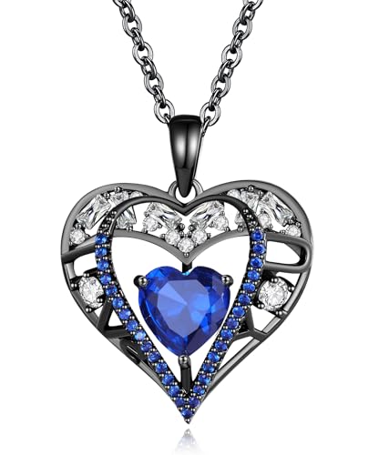 5 Heart I Love You Necklace for Women, Birthstone Crystal Pendant, Birthday Gift for Her, Wife, Mom, Rose Gold or Gunmetal Plated, 925 Sterling Silver Chain 18"+2" - color: 19-September-Sapphire Blue-GunMetal Plated