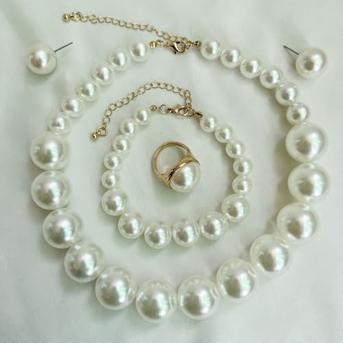 4 PCS Elegant Pearl Set Elegant Pearl Jewelry with Earrings, Pearl Choker Necklace, Bracelet and Ring, Bridal Jewelry Set for Wedding - color: White