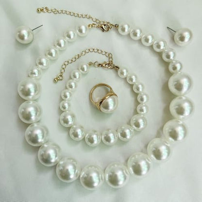 4 PCS Elegant Pearl Set Elegant Pearl Jewelry with Earrings, Pearl Choker Necklace, Bracelet and Ring, Bridal Jewelry Set for Wedding - color: White