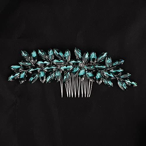 Teyglen Women's Dainty Simple Rhinestone Hair Comb - Luxurious Shiny Bridal Side Hair Accessory for Weddings (Silver-Green) - color: Silver-Green