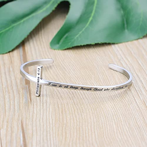 𝐂𝐫𝐨𝐬𝐬 𝐁𝐫𝐚𝐜𝐞𝐥𝐞𝐭 Religious Cuff Bangle 𝐁𝐢𝐛𝐥𝐞 𝐕𝐞𝐫𝐬𝐞 Christian Gifts Jewelry for 𝐖𝐨𝐦𝐞𝐧 - style: Silver cuff-I can do all things through Christ who strengthens me -Philippians 4:13
