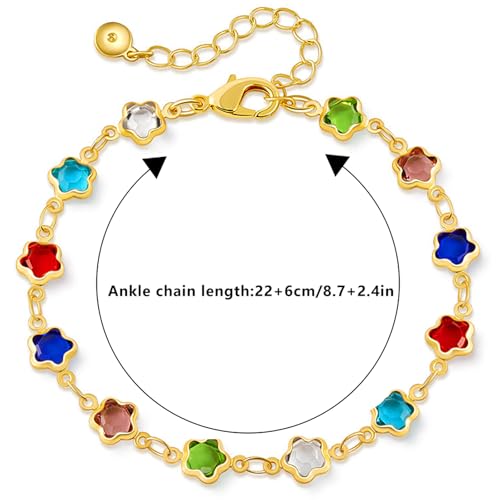18K Gold Plated Anklet for Women Multicolor Crystal Ankle Bracelets Boho Adjustable Chain Anklets - color: Star
