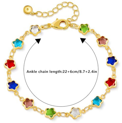 18K Gold Plated Anklet for Women Multicolor Crystal Ankle Bracelets Boho Adjustable Chain Anklets - color: Star