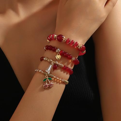 Red Cherry Beaded Bracelets Set for Women Stackable Layered Charm Bracelets Red Beaded Stretch Bracelet Cute Boho Statement Jewelry for Birthday Party Vacation Gift - color: 4PCS Set - Gold Cherry