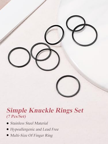 FOCALOOK 28 PCS Knuckle Ring Set 1MM Stainless Steel Women's Thin Plain Band Stacking Midi Finger Rings Set Comfort Fit Silver/Black/Gold/Rose Tone Size 4-10 - color: 00.Black,7pcs