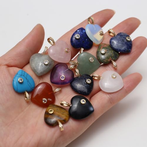 LE SKY Natural Stone Pendants Healing Crystal Gemstones with Rhinestone Charms for jewelry Making Necklace DIY Craft Gift - color: heart
