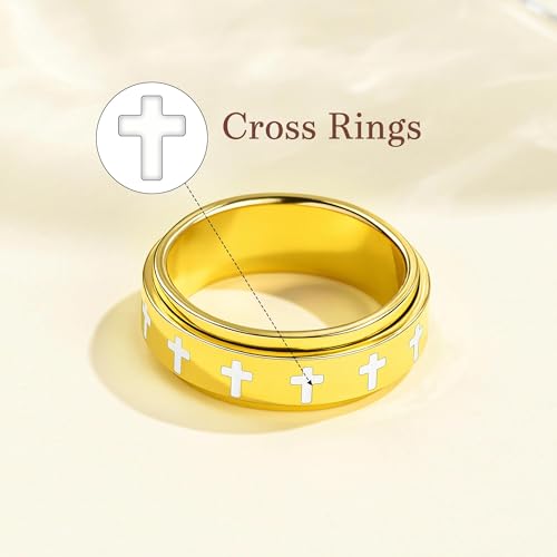 Fidget Anxiety Rings for Women 14K Gold Silver Plated Spinner Band Ring 8mm Thick Stainless Steel Statement Rings Jewelry Gifts Size 6-10 - color: Gold-Cross