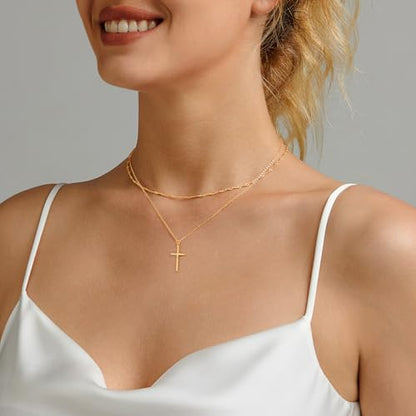 Airmb Cross Necklace for Women Gold/Silver Plated Layered Dainty Cross Chain Trendy Choker Satellite Charm Small Crucifix Pendant Gold/Silver Necklace Stackable Hypoallergenic Delicate Gift for Women - color: Gold-2PS Singapore Chain