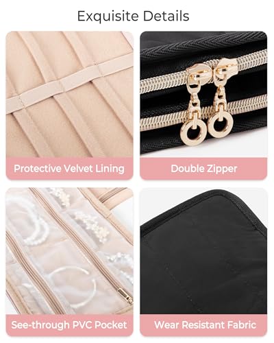 Marscamd Travel Jewelry Case Organizer, Foldable Jewelry Bag, Black | with Zipper Jewelry Bag for Earrings, Rings, Necklaces, Bracelets, Brooches - color: Black