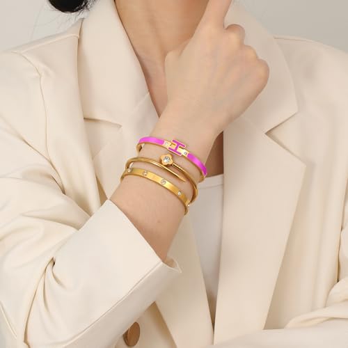 3Pcs Gold Bracelets for Women 14K Gold Plated Love/H/Nail Bangle Bracelet Dainty Non Tarnish Bracelet Jewelry Christmas Mothers Day Gifts for Women - color: 3Pcs Gold/Purple H bracelet