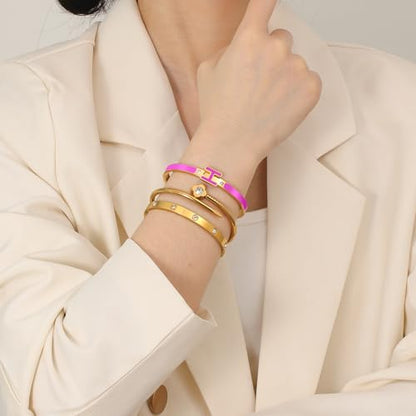 3Pcs Gold Bracelets for Women 14K Gold Plated Love/H/Nail Bangle Bracelet Dainty Non Tarnish Bracelet Jewelry Christmas Mothers Day Gifts for Women - color: 3Pcs Gold/Purple H bracelet