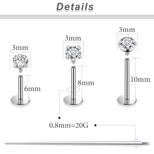 20G 18G 16G F316 Titanium Flat Back Nose Rings Studs Hypoallergenic Screw on Tragus Helix Cartilage Earrings Stud Piercing Jewerly for Women Men Bars 6mm - style: 20G Flat Back Nose Studs-6mm 8mm 10mm Bars-3mm CZ