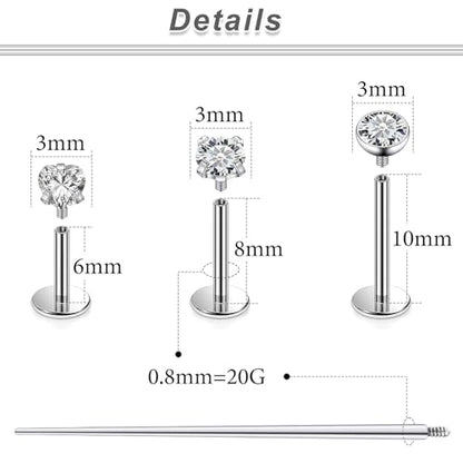 20G 18G 16G F316 Titanium Flat Back Nose Rings Studs Hypoallergenic Screw on Tragus Helix Cartilage Earrings Stud Piercing Jewerly for Women Men Bars 6mm - style: 20G Flat Back Nose Studs-6mm 8mm 10mm Bars-3mm CZ