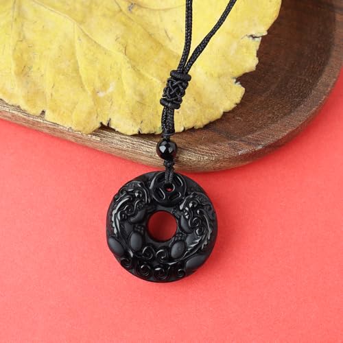 Anjiucc Natural Gemstone Tree of Life Black Obsidian/Golden Obsidian Pendant Necklace for Male and Female Necklace - color: Pi xiu Black obsidian
